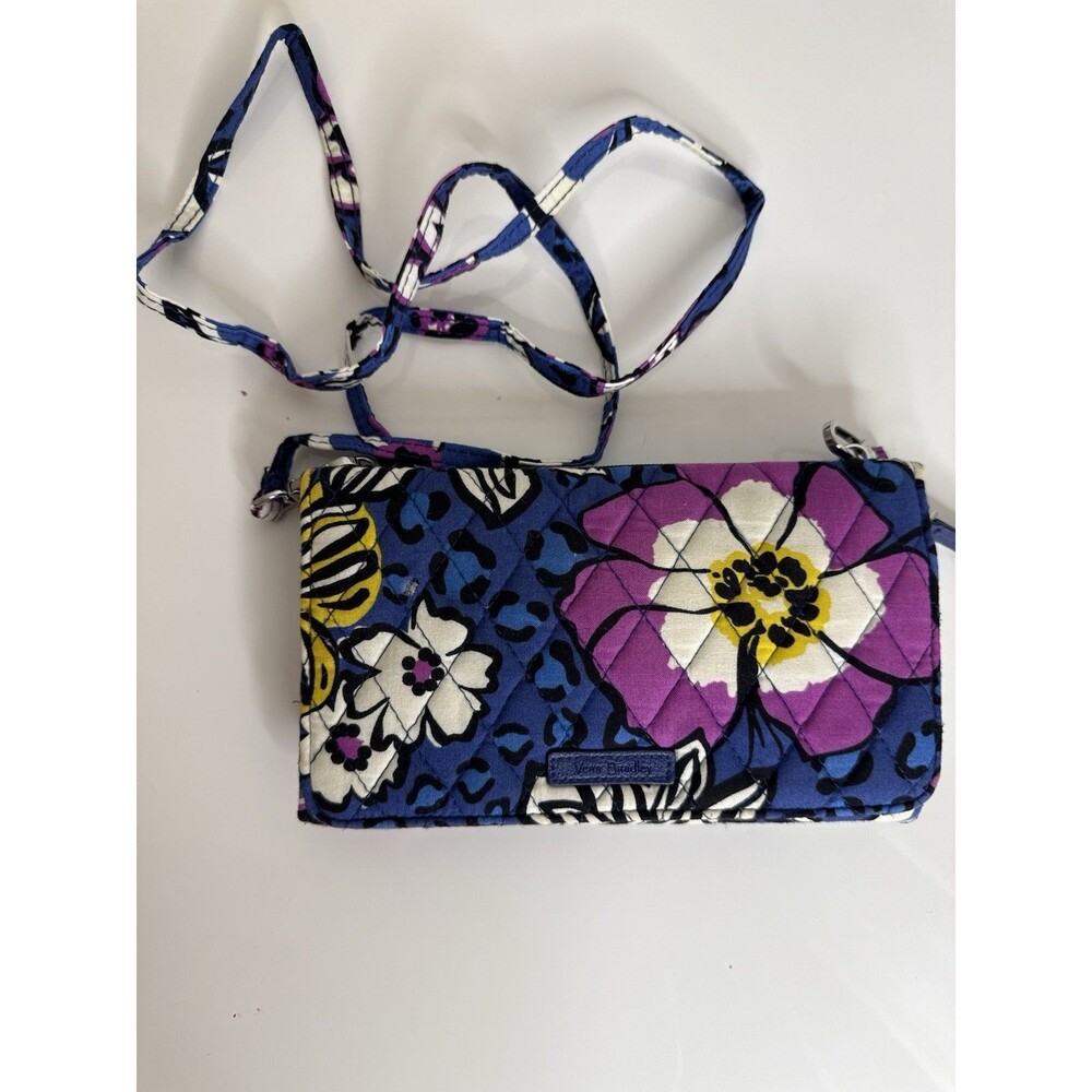 Vera Bradley Quilted Floral Crossbody Wallet Purse Blue Purple Yellow Organizer